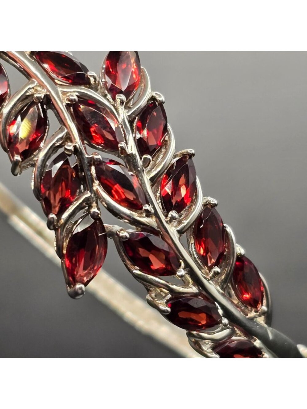 Sterling Silver Garnet Marquise Hinged Bangle Bracelet 7.25" Vintage Style 925 - Picture 8 of 11